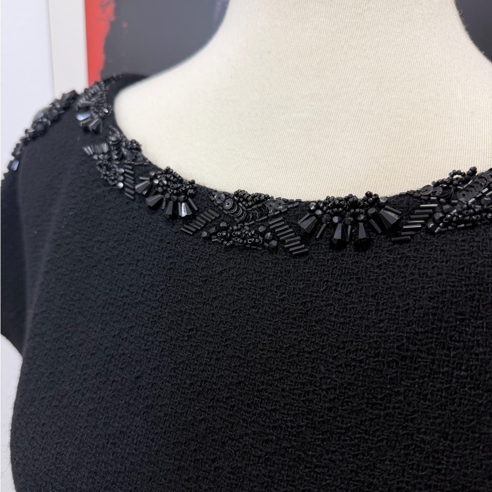 Insane Vintage Black Wool Beaded Sheath Dress Mid-Century Handmade Con Matic Zip - Picture 4 of 17
